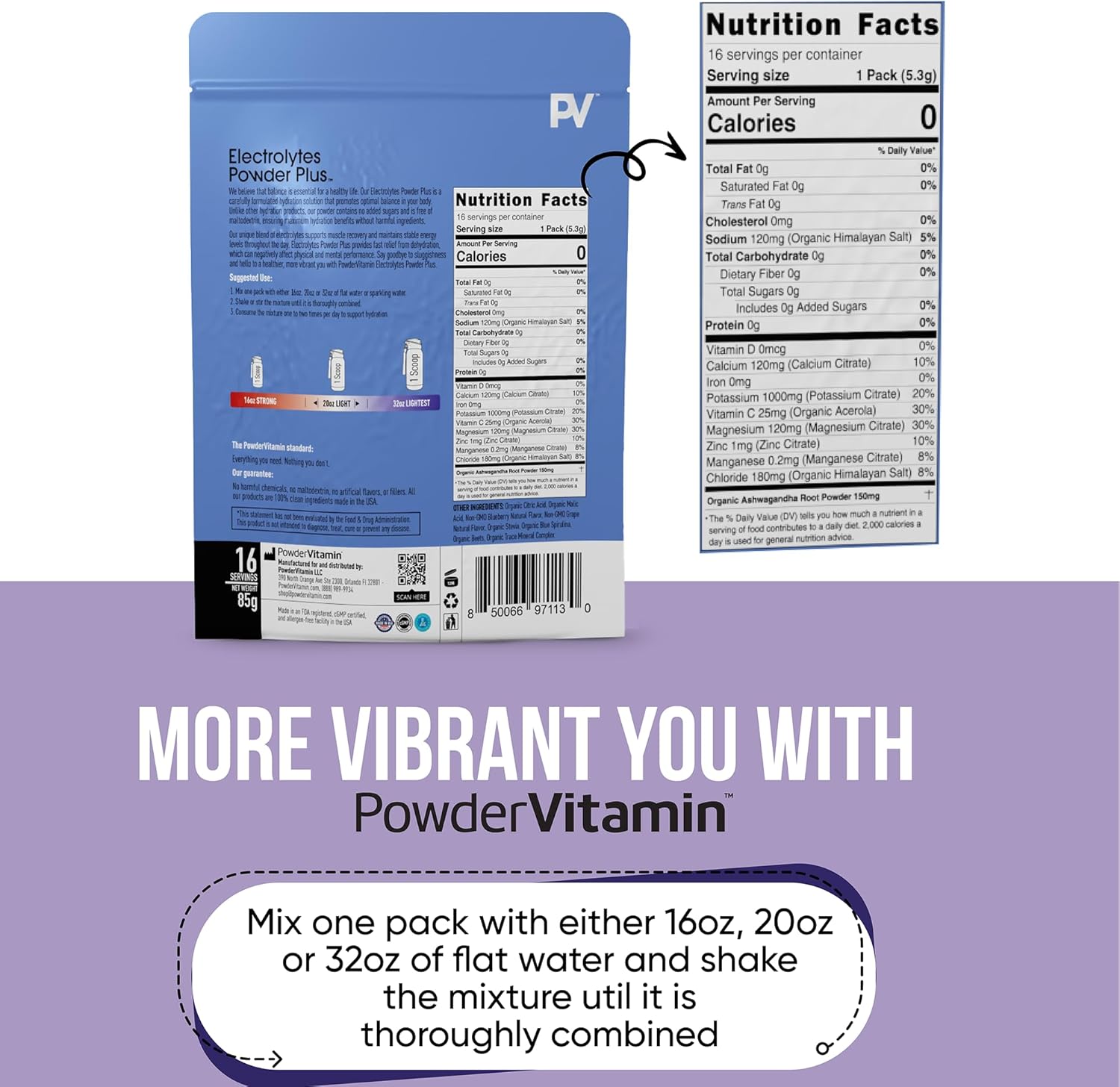 PowderVitamin Electrolytes Powder Plus, Keto, Blueberry Grape, Sugar Free, Pink Himalayan Salt, 1000mg Potassium, 120mg Calcium, 120mg Magnesium, Non-GMO, Zero Calories, (16 Hydration Packets)