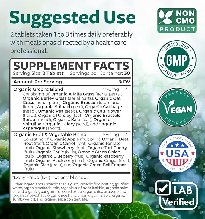 USDA Organic Super Greens Supplement - Organic Greens Fruits and Vegetable Supplement for Adults with 28 Superfood Complex with Superfruits Roots Herbs & More - Vegan & Non-GMO (Up to 1 Month Supply)