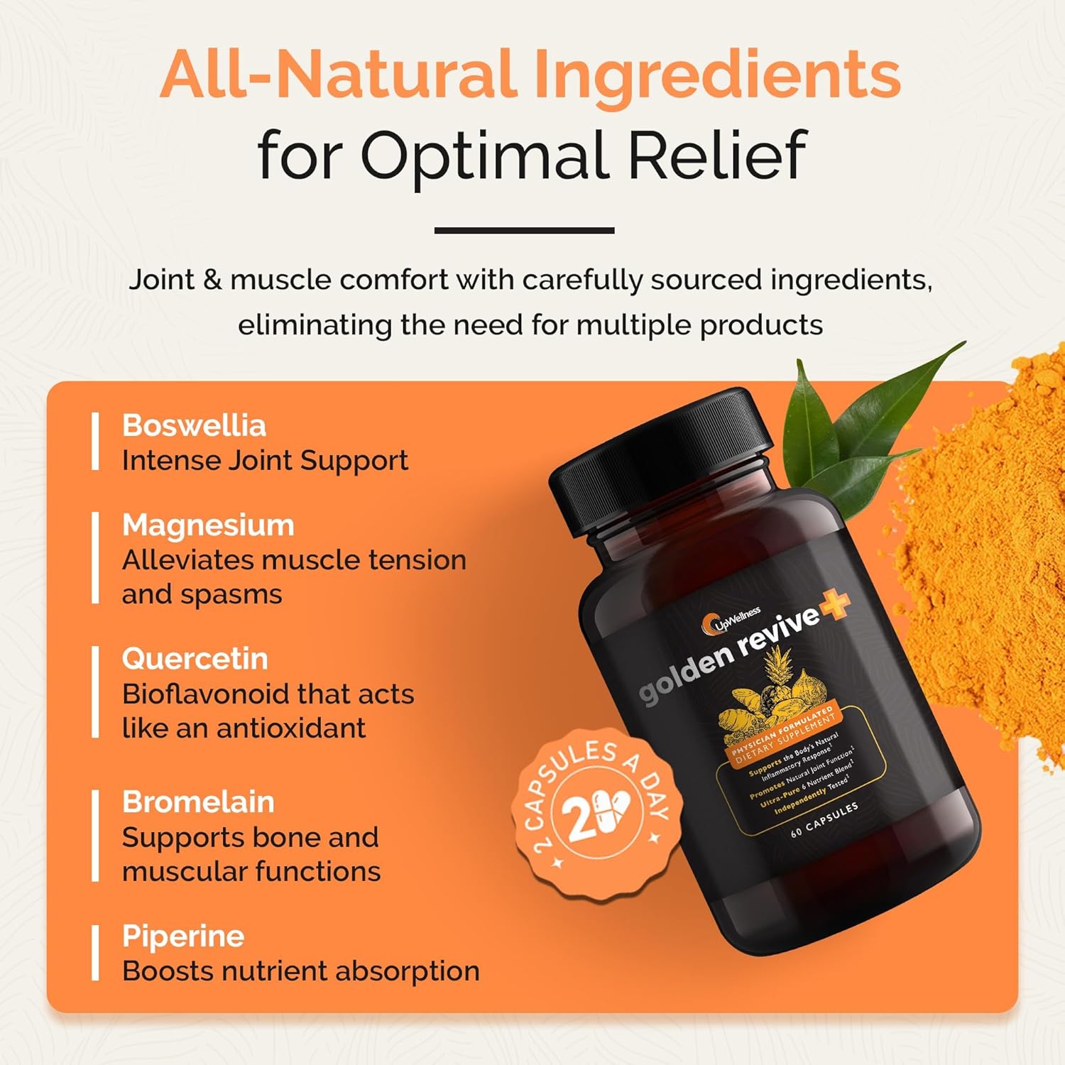 Golden Revive + Joint Support Supplement Featuring Turmeric with Black Pepper, Quercetin, and Magnesium- Turmeric Boswellia Supplement - 6 Active Ingredients for Joint Care - 60 Capsules