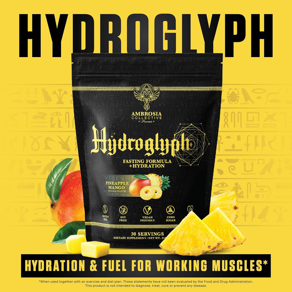 Ambrosia Hydroglyph Intraworkout Electrolytes Hydration Drink Mix | Sugar Free Electrolyte Powder with Amino Acids | Supports Lean Muscle During Fasting | 30 Servings | Pineapple Mango