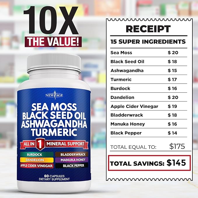 NEW AGE Sea Moss Capsules, Black Seed Oil Ashwagandha Turmeric Bladderwrack Burdock - with Manuka, Honey Dandelion, ACV Black Pepper Gluten Free