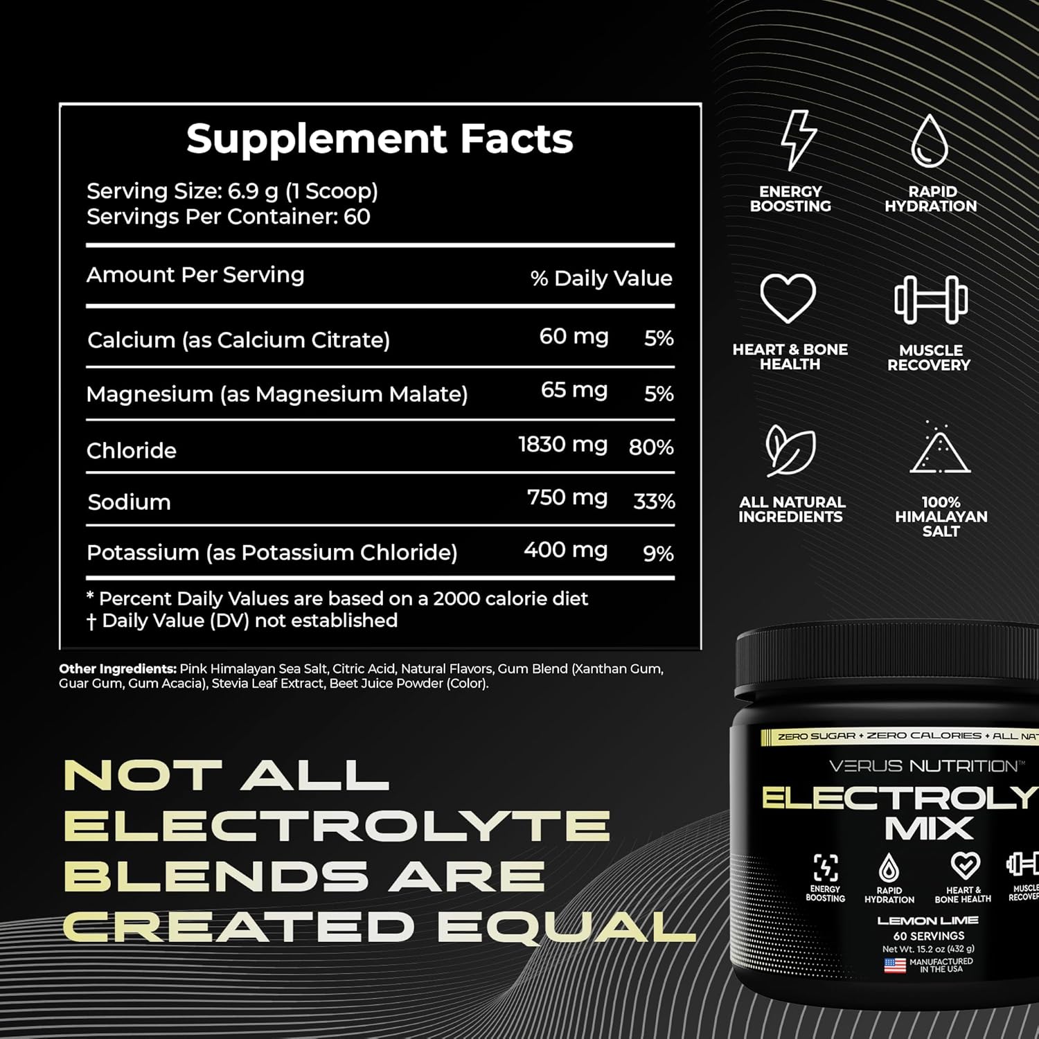 Electrolytes Powder No Sugar- Zero Calorie Hydration Powder | Sugar Free Electrolytes for Fasting, Keto & Vegan | Natural Ingredients Electrolyte Mix for Energy Boost, 60 Servings
