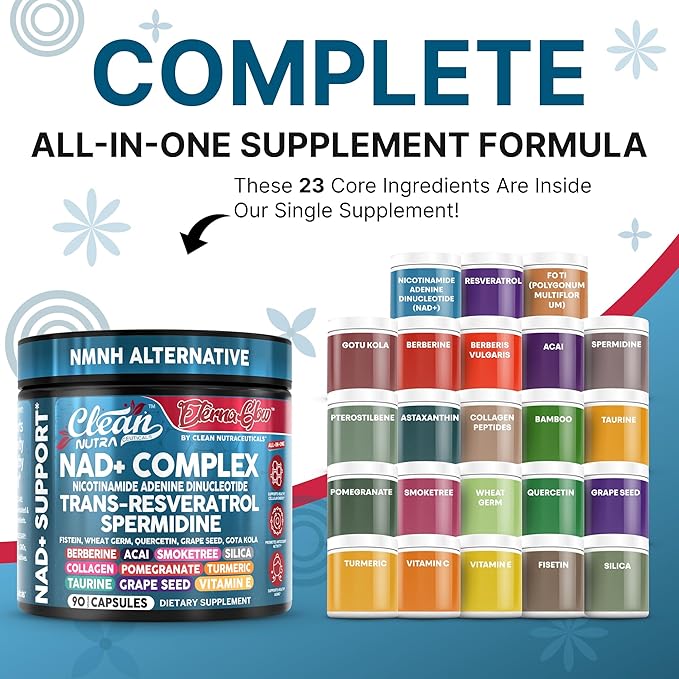 Clean NAD Supplement Resveratrol Liposomal NAD+ Spermidine Fisetin Wheat Germ Quercetin Grape Seed Extract Gotu Kola Berberine Astaxanthin Peptides for Women Energy 90 Capsules