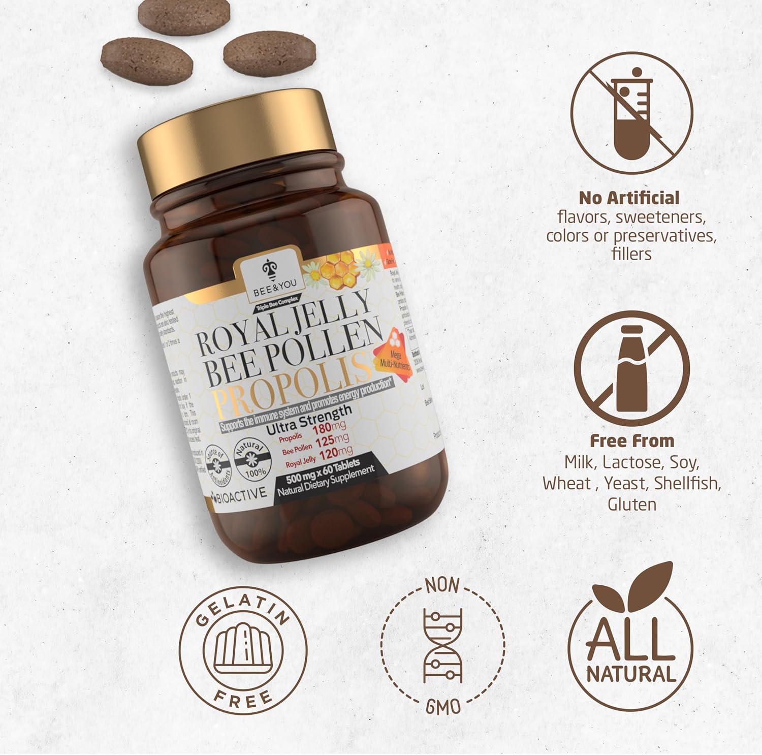 Bee and You Royal Jelly Tablet, Propolis Extract, Bee Pollen, 100% Natural Superfood, Ultra Pure, Immune Support Supplement, Improve Energy, Focus, Antioxidants, Fresh, Keto, Paleo, Gluten-Free | 60ct