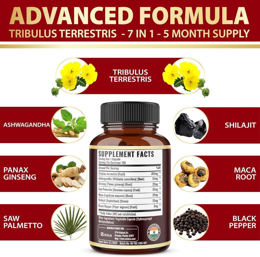 Tribulus Terrestris Supplement for Men & Women, 5-Month Supply with Ashwagandha, Panax Ginseng, Saw Palmetto, Maca, Shilajit, 150 Count