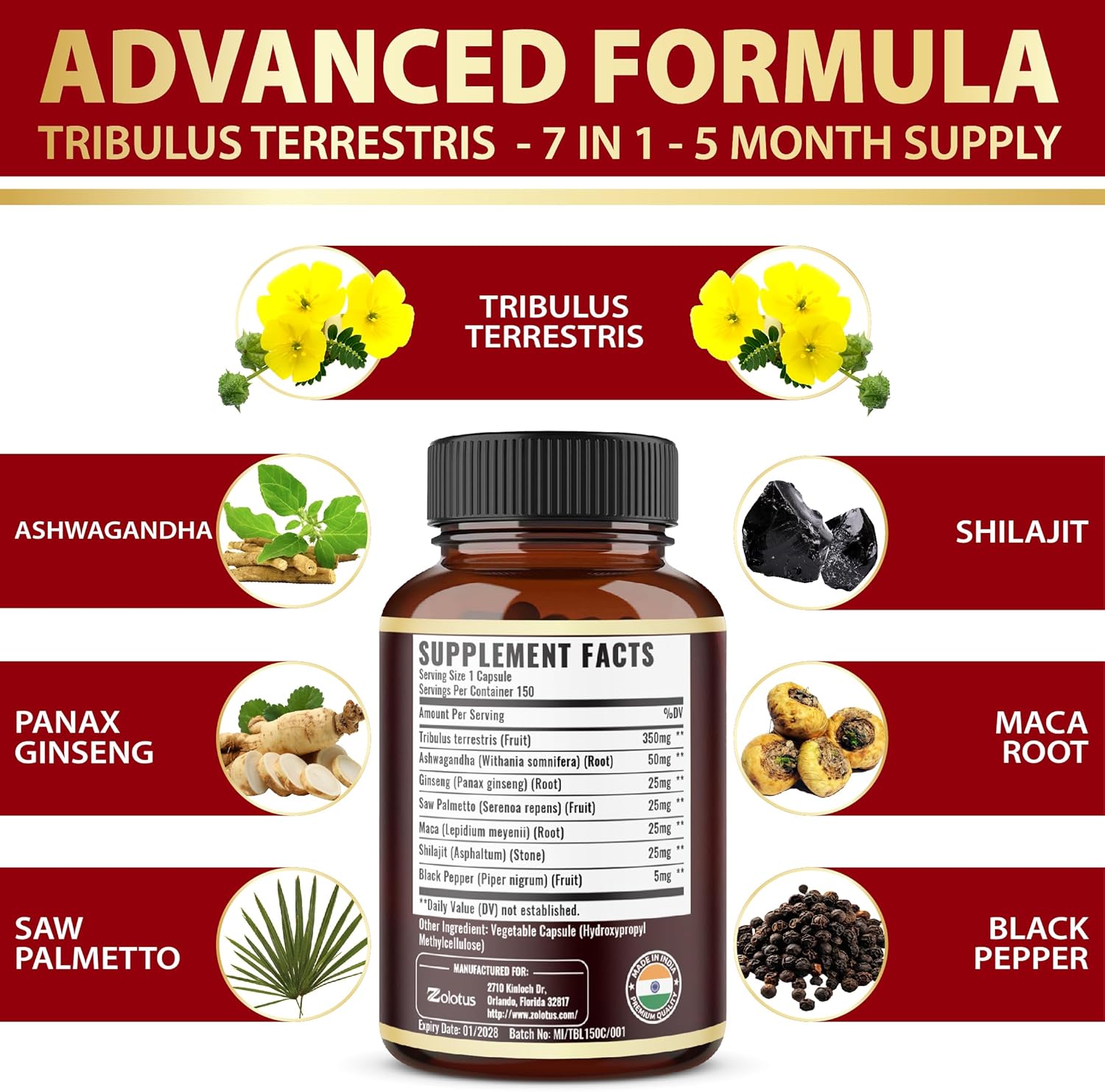 Tribulus Terrestris Supplement for Men & Women, 5-Month Supply with Ashwagandha, Panax Ginseng, Saw Palmetto, Maca, Shilajit, 150 Count