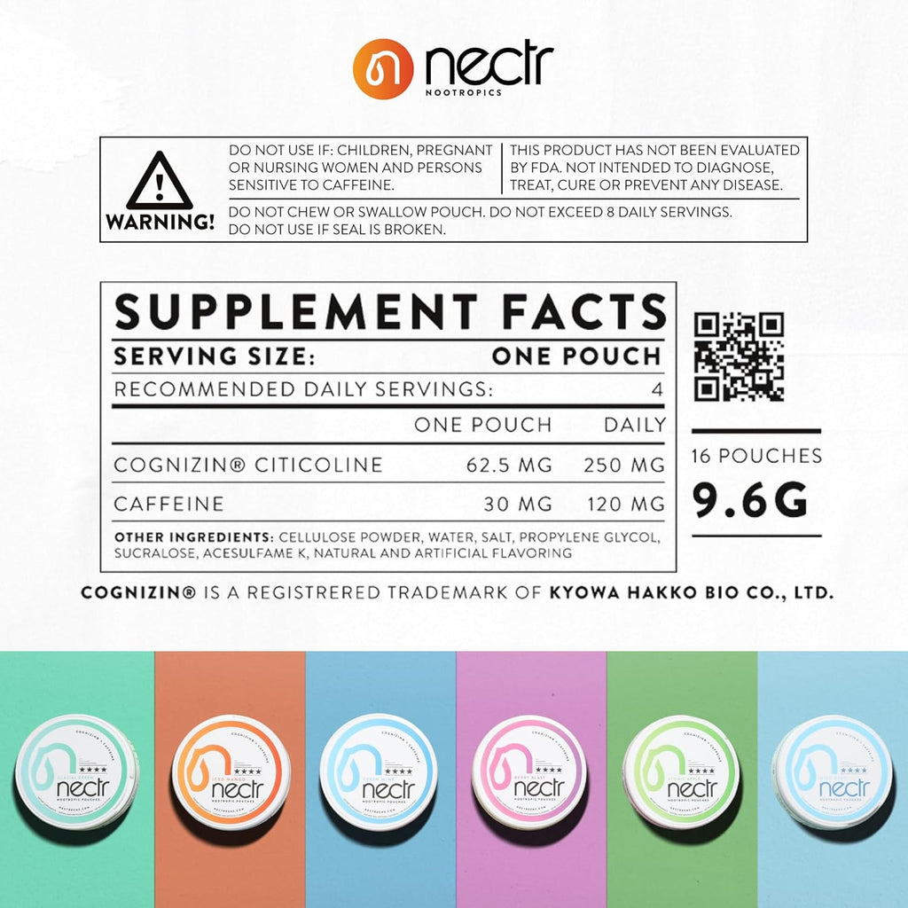 Nectr Energy Nootropic Pouches – Atomic Apple Flavored, Caffeine Pouches with Cognizin® Citicoline. Sugar-Free Brain Treats. Smooth, Sustained Focus & Energy Supplement - 1 Puck of 16pcs