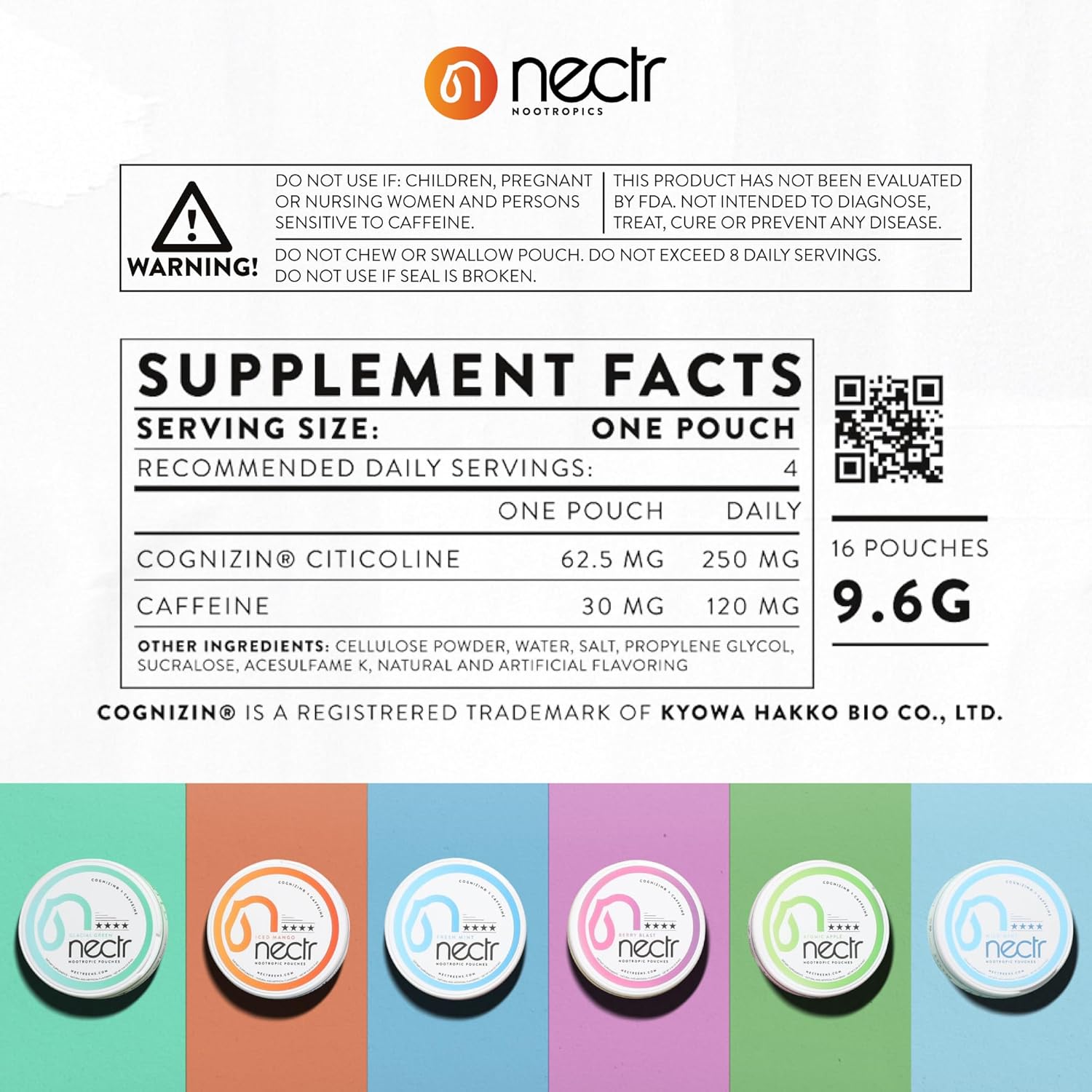 Nectr Nootropic Energy Pouches, Focus & Energy, Mild Mint, Cognizin 62.5 mg, Caffeine 30 mg, 16 Pouches, Neuro Support, Sugar Free, 1 Can