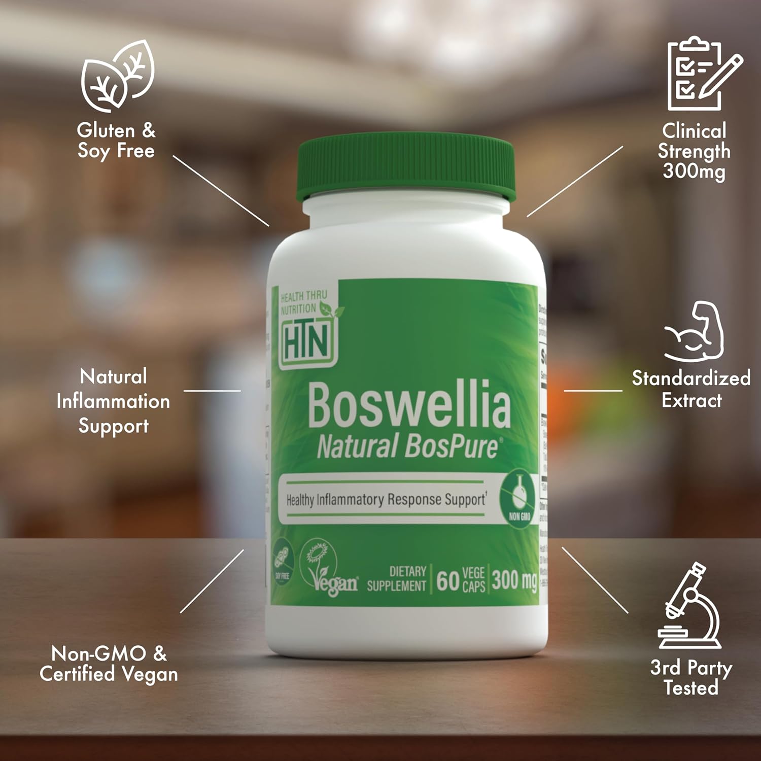 Health Thru Nutrition Boswellia 300mg 60 Capsules as Bospure AKBAMAX | High Potency 75% Boswellic Acids 10% AKBA | Healthy Mobility Support | Vegan Certified | Non-GMO, Gluten Free, Soy Free