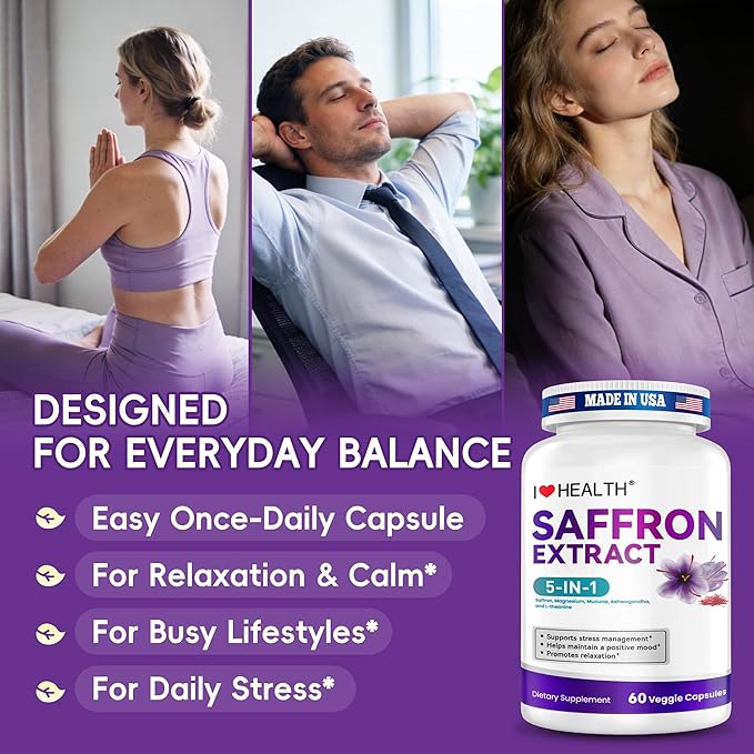 Saffron Mood Support Supplement – 0.3% Safranal with Ashwagandha & L-Theanine for Stress Relief, Calm Mood & Emotional Balance – Made in USA – 60 Capsules