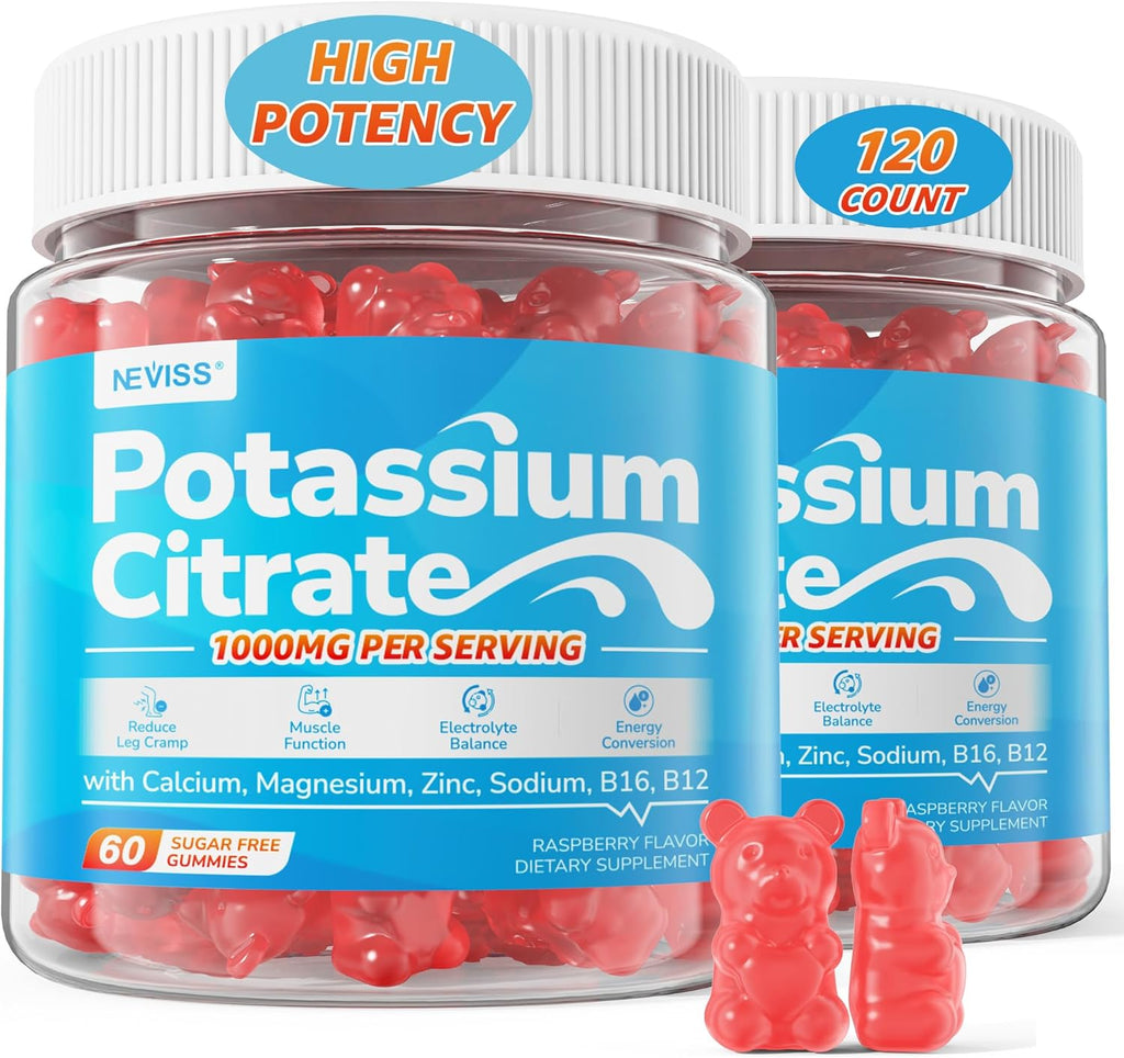 Potassium Citrate 1000mg Gummies, Potassium Magnesium Supplement + Calcium, Zinc, Sodium, Vitamin B6, B12, Support Leg Cramps, Electrolyte Balance, Body Performance, Energy Boost, Sugar Free, 120 Cts