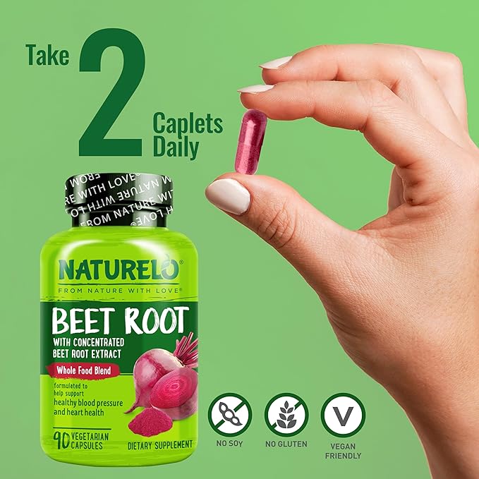 NATURELO Beet Root 90 Capsules – Heart Health & Blood Pressure Support* – 1000mg Beet Root Extract + Whole Food Blend – Non-GMO, Vegan, Gluten-Free