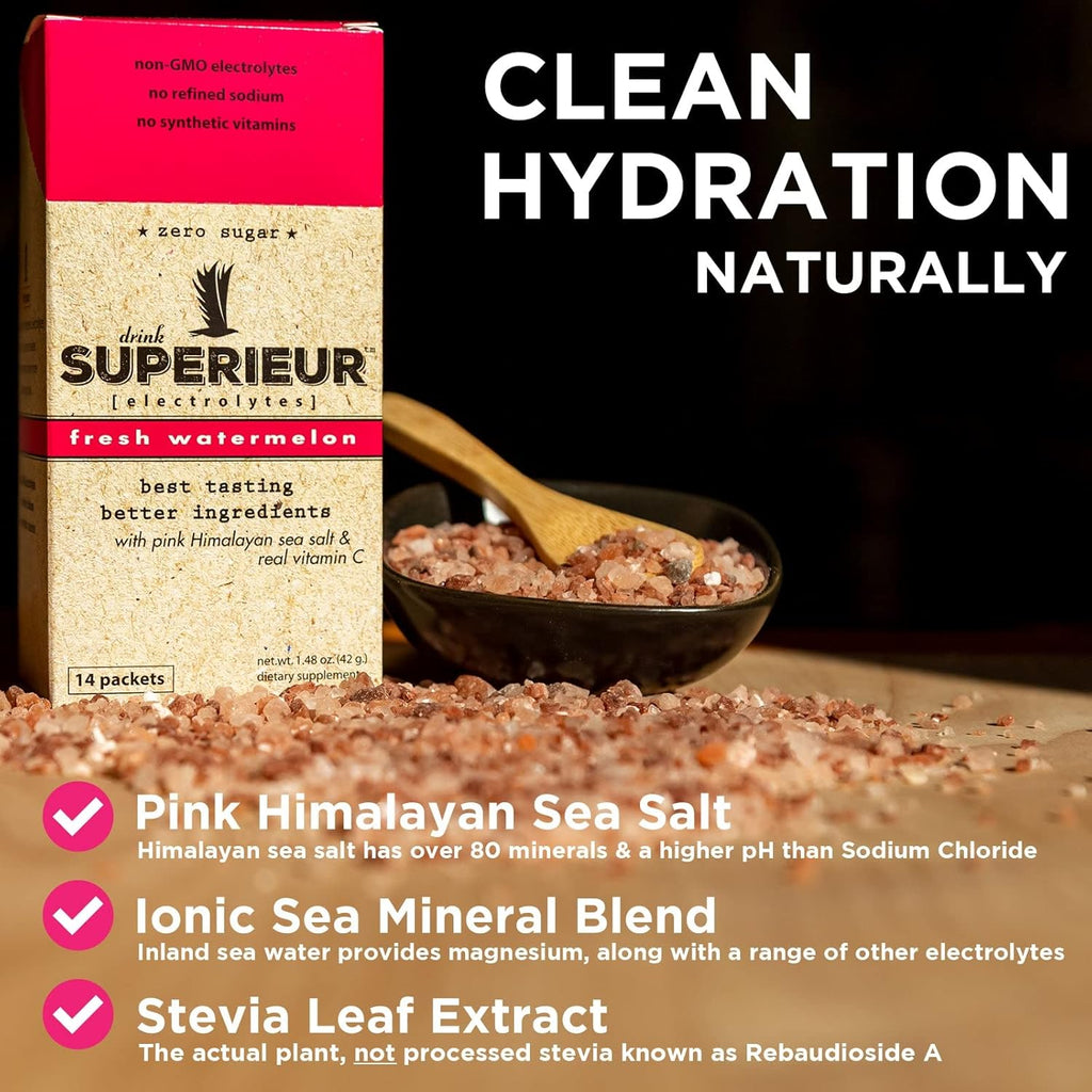 Superieur Electrolyte Powder Packets - Vegan Electrolyte Hydration Powder w/Sea Minerals - Keto Friendly, Non-GMO, Zero Sugar Electrolyte Supplement - Healthy Sports Drink - Watermelon (14 Packets)