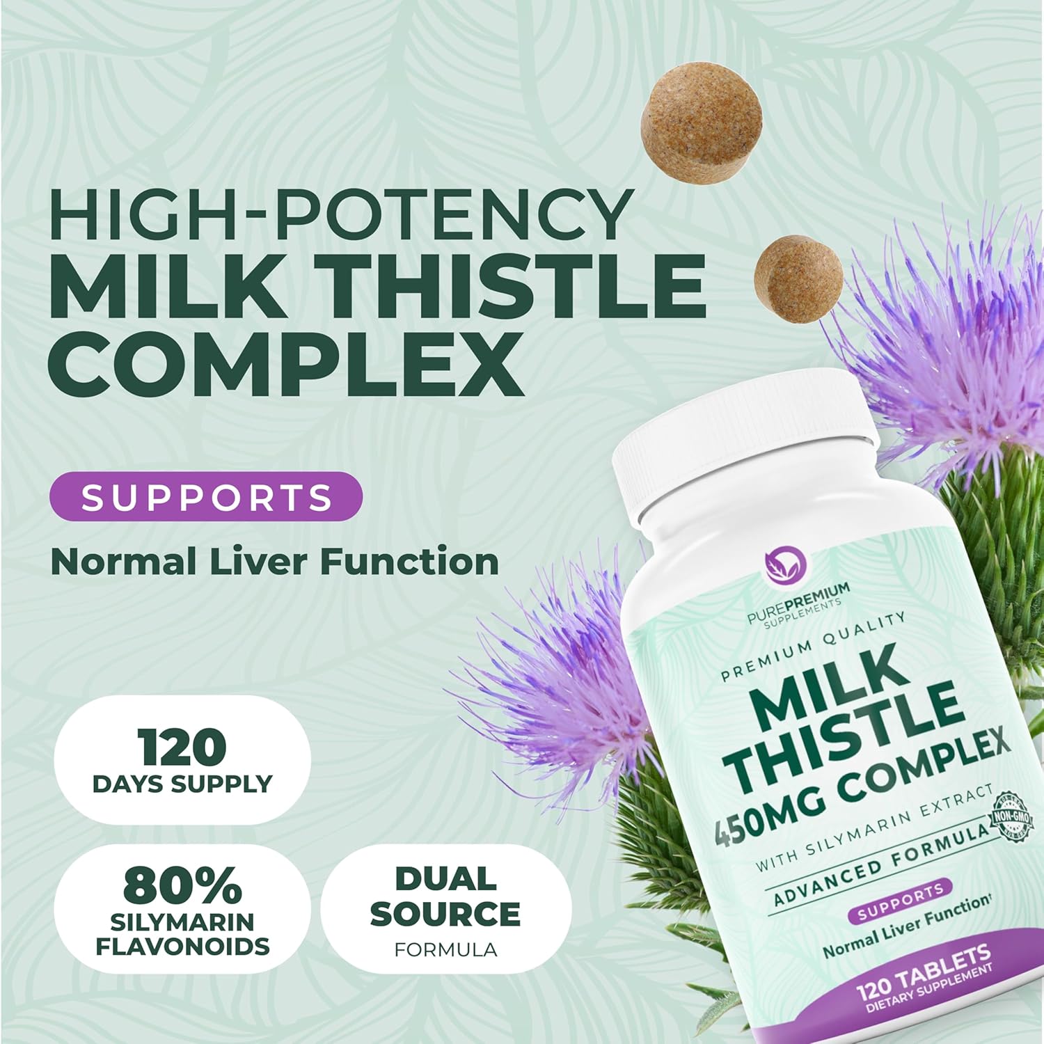 PurePremium Milk Thistle Supplement, 120 Tablets, 80% Silymarin Standardized Extract - High Potency Pure 450mg Complex – Supports Normal Liver Function & Overall Health – Non-GMO, Gluten-Free