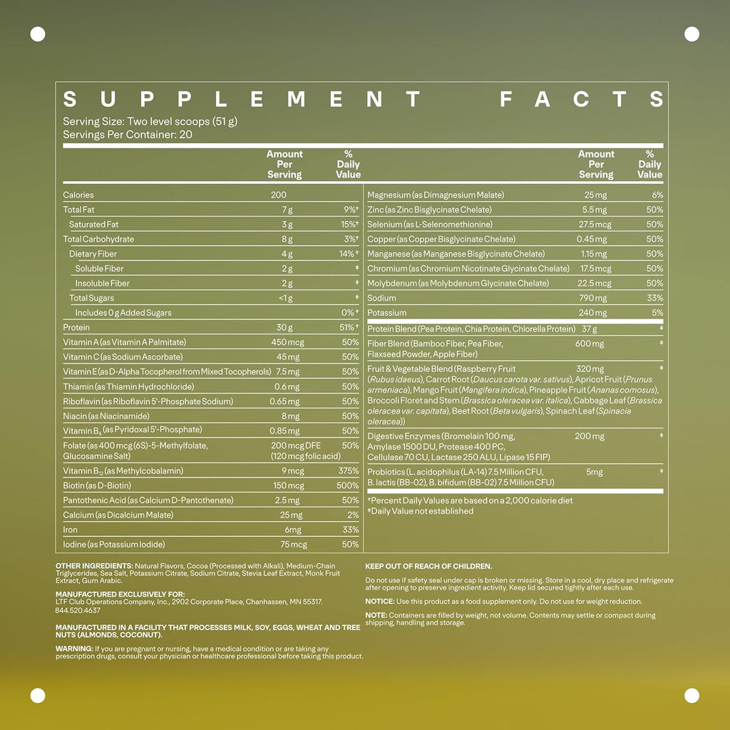 LTH Fuel Vegan & All-in-One - Trusted by Life Time Fitness Members - 30g Protein - Plant-Based Protein Meal Replacement - Vitamins, Minerals, Digestive Enzymes & Probiotics - Chocolate, 20 Servings
