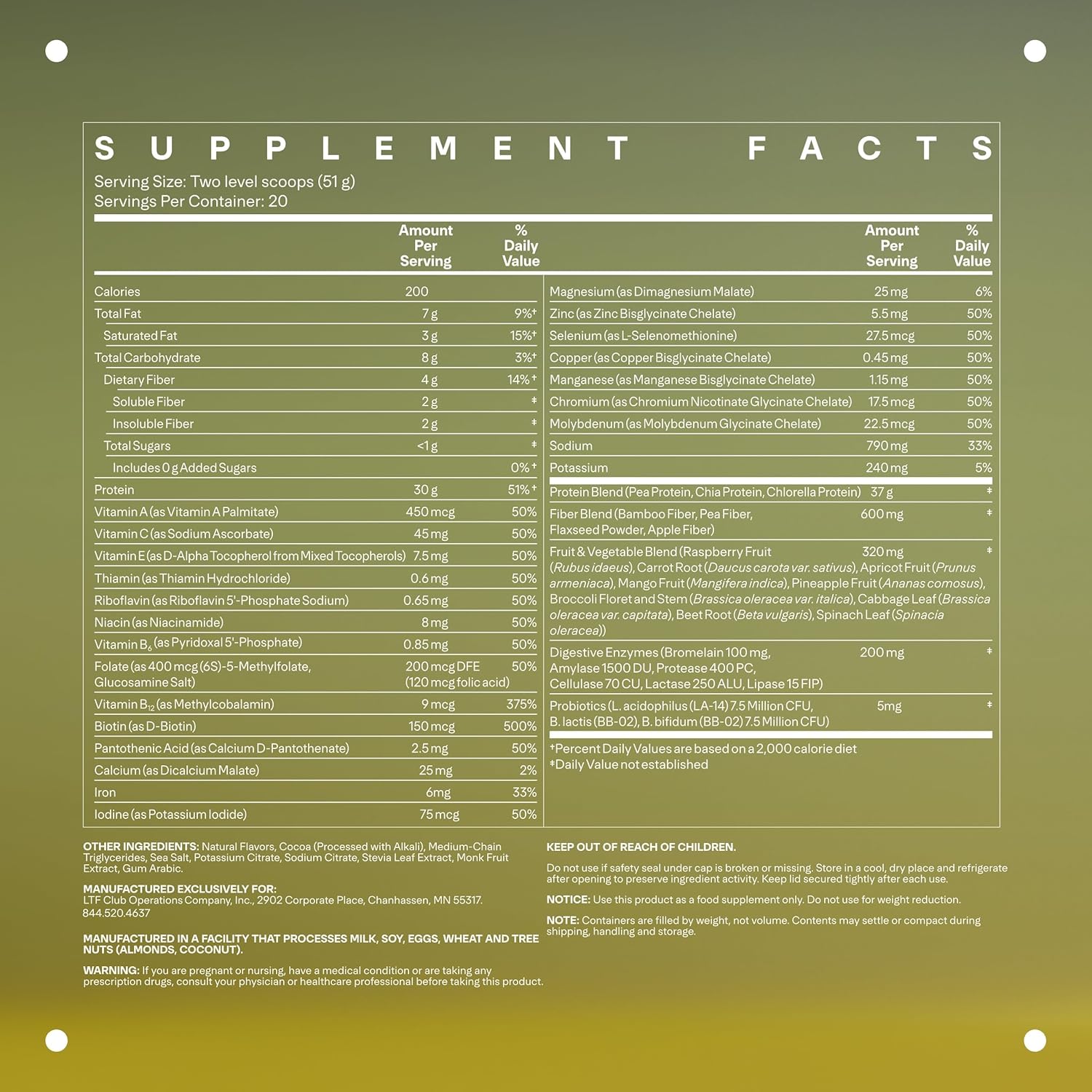 LTH Fuel Vegan & All-in-One - Trusted by Life Time Fitness Members - 30g Protein - Plant-Based Protein Meal Replacement - Vitamins, Minerals, Digestive Enzymes & Probiotics - Chocolate, 20 Servings
