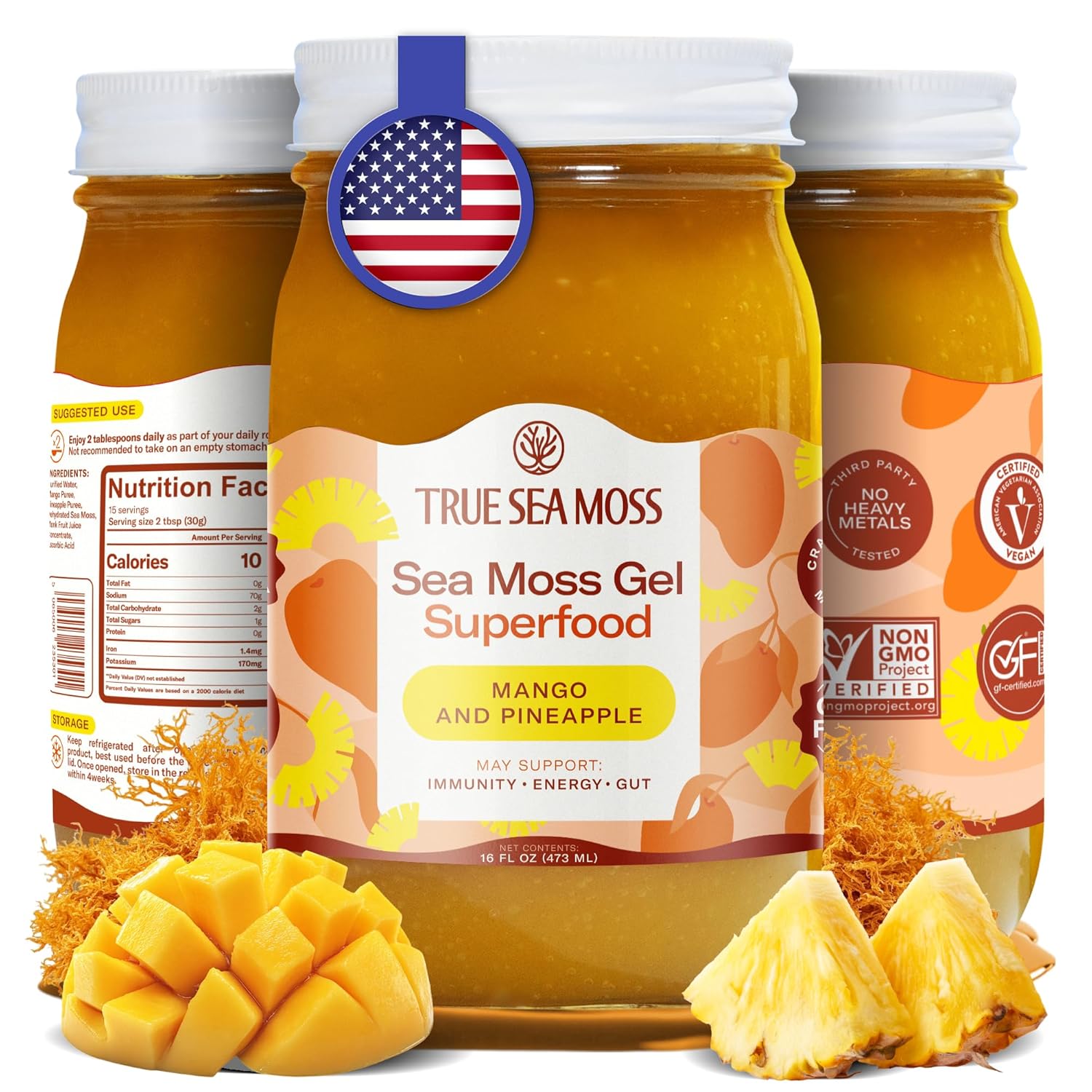 TrueSeaMoss Sea Moss Gel – Made in USA – Wildcrafted Seamoss, Fresh Fruits & Sea Vegetables – Mango/Pineapple, Pack of 1 (Labels may Vary)