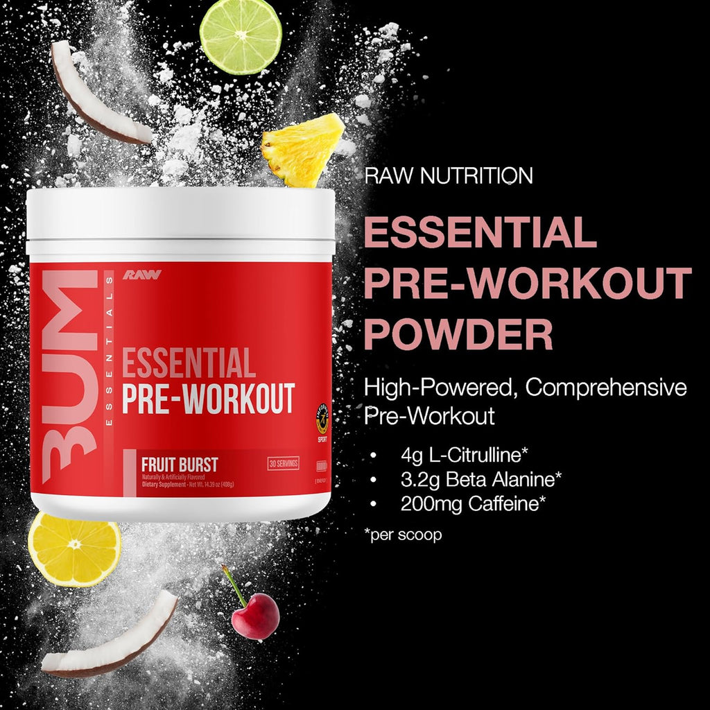 RAW Essential Pre-Workout Powder (Fruit Burst) - Chris Bumstead Sports Nutrition Supplement for Men & Women - Preworkout Energy Powder with Caffeine, L-Citrulline, L-Tyrosine, & Beta Alanine Blend