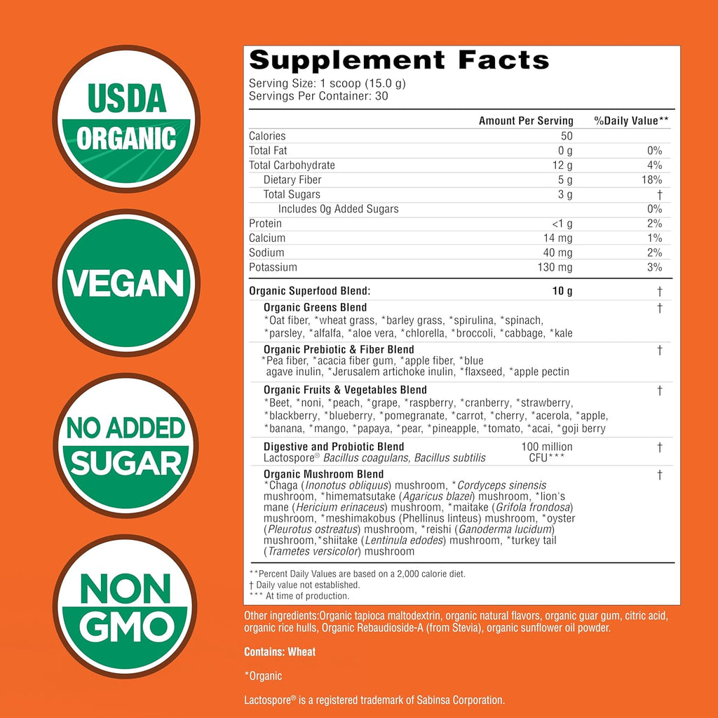 COUNTRY FARMS Super Greens Pineapple-Mango Flavor, 50 Organic Super Foods, USDA Organic Drink Mix (Wheat Grass, Spirulina, Chlorella) Mushrooms & Probiotics, with Fiber, Natural Energy, 30 Servings