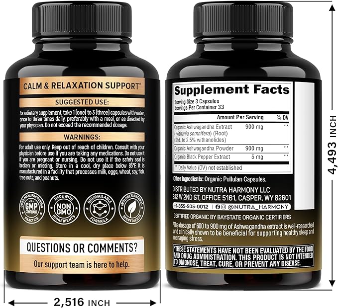 Ashwagandha Supplements 1800mg - USDA Organic Ashwagandha for Women & Men - Clinically Effective Strength for Stress Relief & Sleep - Powder & Root Extract 2.5% Withanolides - Made in USA 100 Capsules