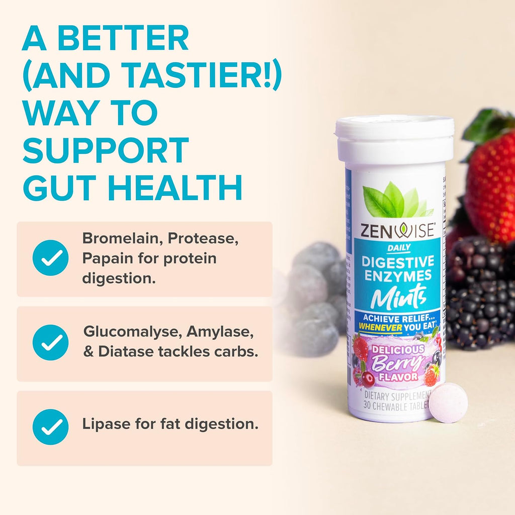 Zenwise Health Digestive Enzyme Breath Mints for Gut Health, Delicious Berry Flavor - Digestive Enzymes for Bloating Relief & Gut Support - Multi Enzymes Digestion Supplement - 30 Chewable Tablet