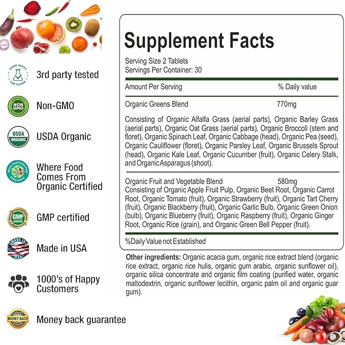 Organic Superfood Greens Fruits and Veggies Complex - Dietary Supplement with 14 Greens &14 Vegetables with Alfalfa Rich in Antioxidants Organic Ingredients Non-GMO (120 Count Pack of 2)