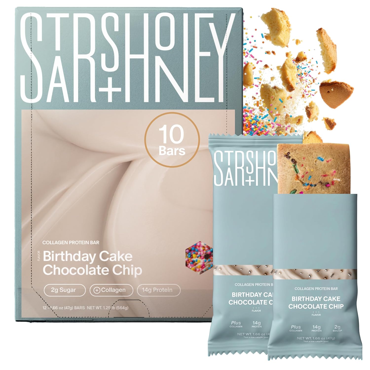 Stars + Honey Protein Bars - Birthday Cake Chocolate Chip, 15g Protein, 2g Sugar, w/Collagen Keto Friendly Snack - Gluten, Dairy, Seed Oil, & Soy Free - High-Protein Snacks for Energy - 10 pack
