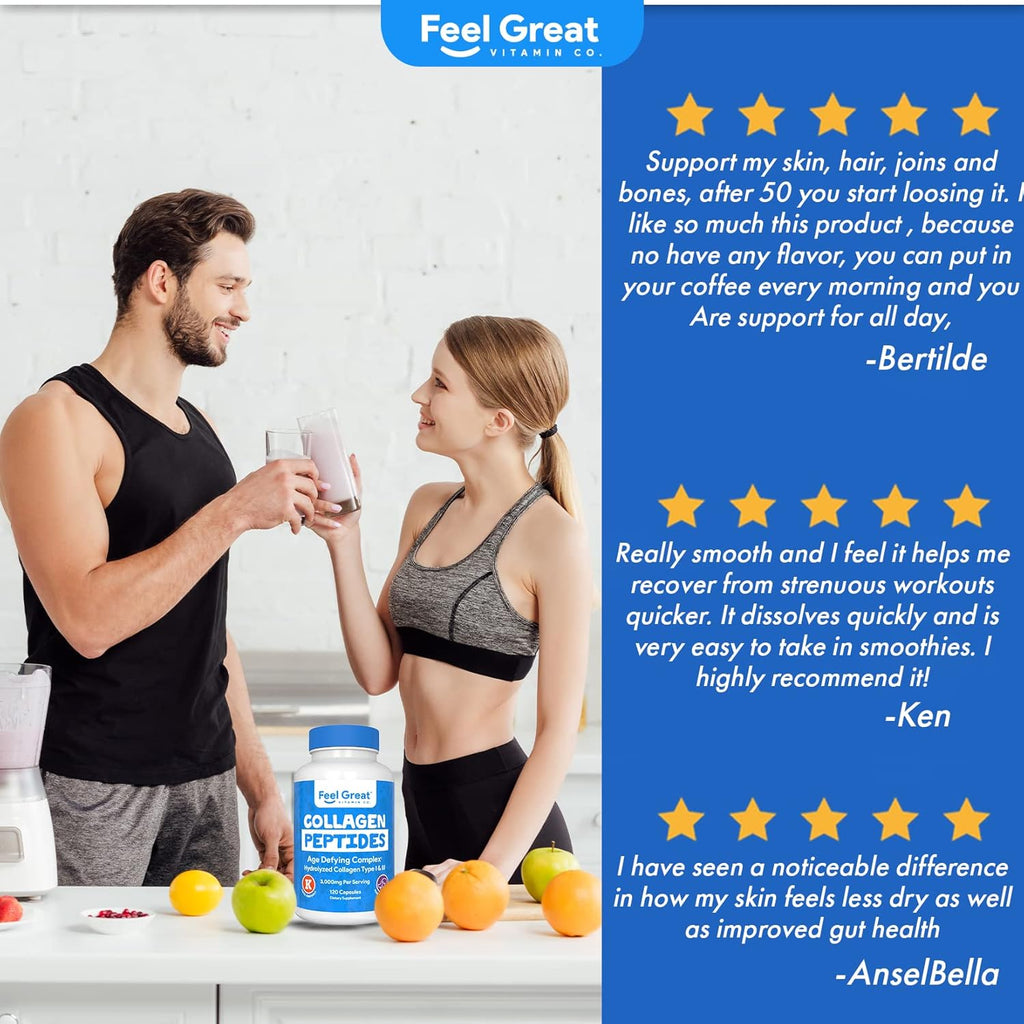 Hydrolyzed Collagen Peptides Powder Capsules (Type I &III) by Feel Great Vitamin Co. | Wheat Free, Keto & Paleo Friendly | Collagen Powder Supplement for Hair, Skin and Nails*