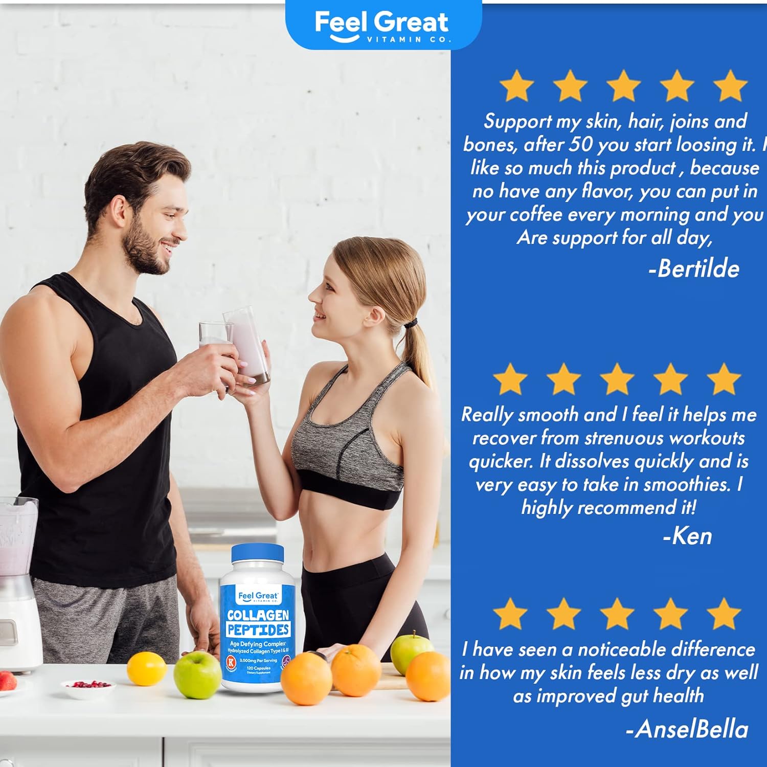 Hydrolyzed Collagen Peptides Powder Capsules (Type I &III) by Feel Great Vitamin Co. | Wheat Free, Keto & Paleo Friendly | Collagen Powder Supplement for Hair, Skin and Nails*