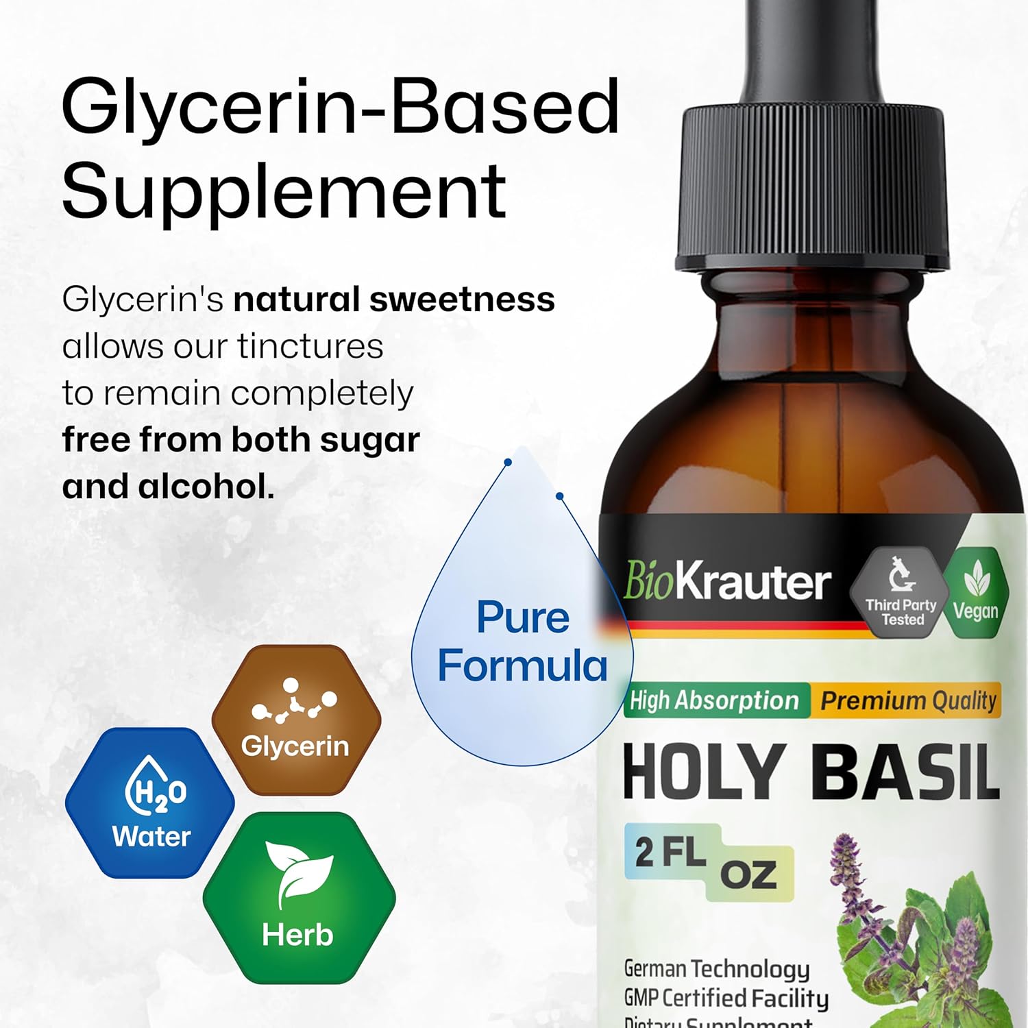 BIO KRAUTER Holy Basil Tincture - Tulsi Powder Liquid Extract - Supports Calmness and Relaxation - Ursolic Acid Supplement - Alcohol and Sugar Free - Vegan Drops 2 Fl.Oz.