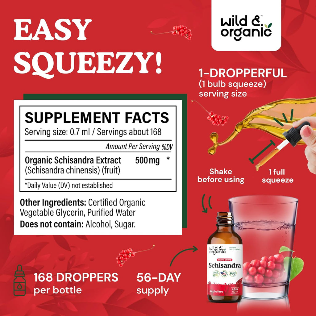 Wild & Organic Schisandra Tincture 500 mg - Natural Schisandra Supplement for Relaxation - Liquid Chinensis Berry Extract - Vegan, Sugar & Alcohol-Free Drops - 4 fl oz