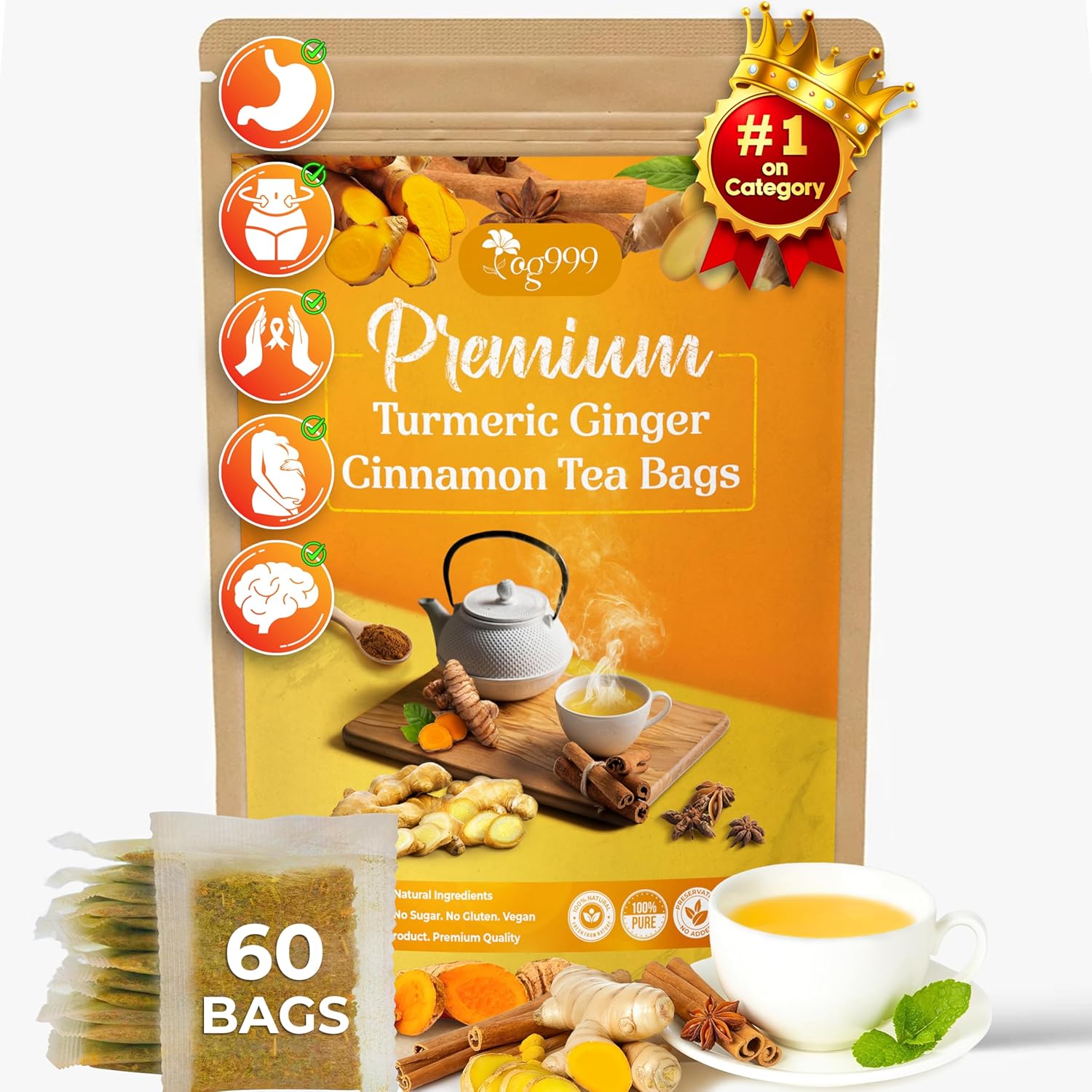 60 Bags Premium Turmeric Ginger Cinnamon Tea, Improve Digestion, Support Brain, Weight, Skin and Sleep, Eco-Conscious Tea Bags and Premium Natural Ingredients. Turmeric Ginger Herbal Tea. No Sugar, No Caffeine, No Gluten, Vegan.