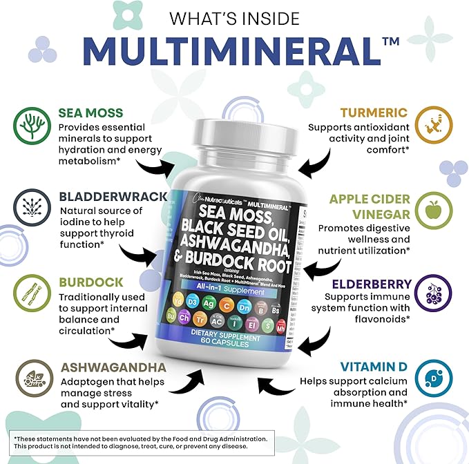 Clean Nutraceuticals Sea Moss Black Seed Oil Ashwagandha Turmeric Bladderwrack Burdock & Vitamin C Vitamin D3 with Elderberry Manuka Dandelion Yellow Dock Iodine Chlorophyll ACV - 2Pack