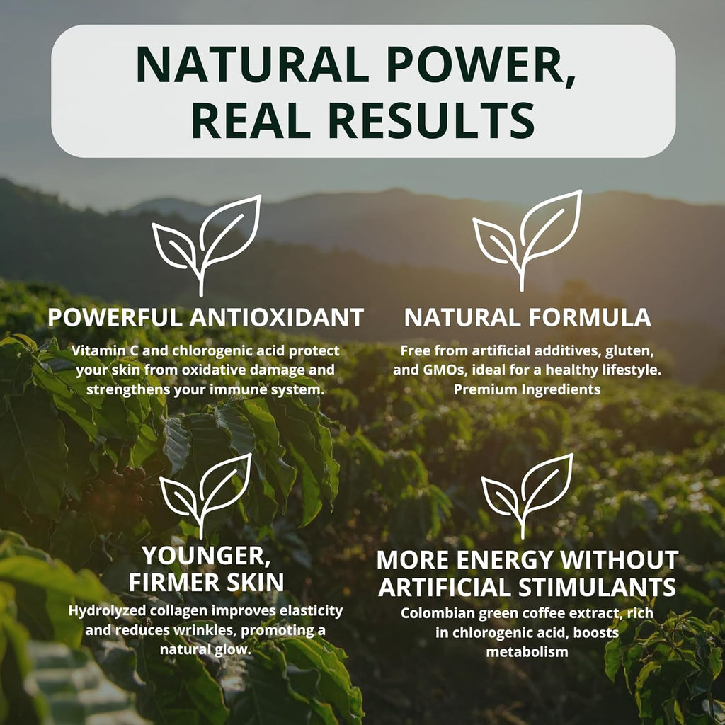 Anti-Ageing with Colombian Green Coffee Extract, Hydrolyzed Collagen, and Vitamin C (60 Capsules)