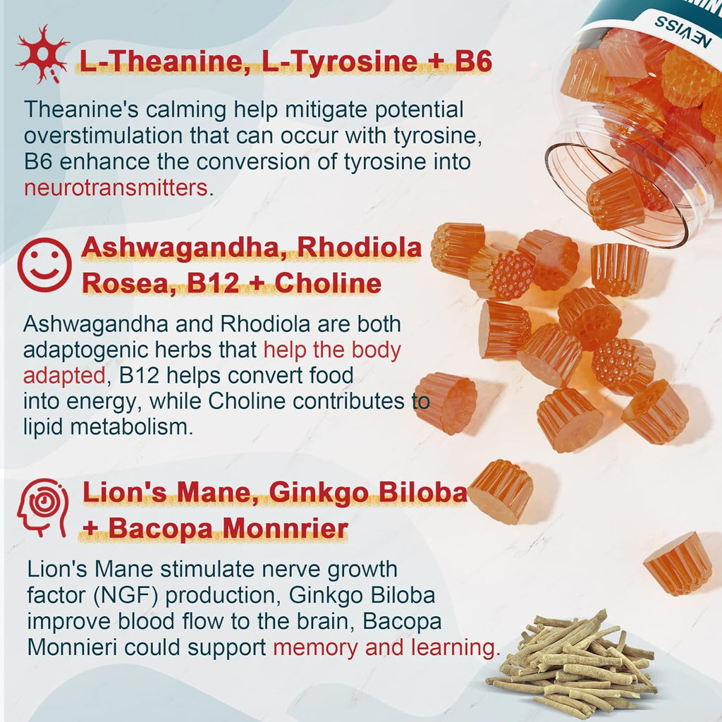 11-IN-1 Brain Supplement for Memory and Focus with L-Tyrosine L-Theanine, Methylated B12 & B6, Lion's Mane Mushroom, Ginkgo Biloba, Bacopa Monnieri, Choline for Focus, Nootropic, Energy, 2Packs