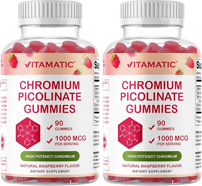 Vitamatic Chromium Picolinate 1000 mcg - 90 Gummies - High Potency Chromium - Raspberry Flavor (Total 180 Gummies) 2 Packs
