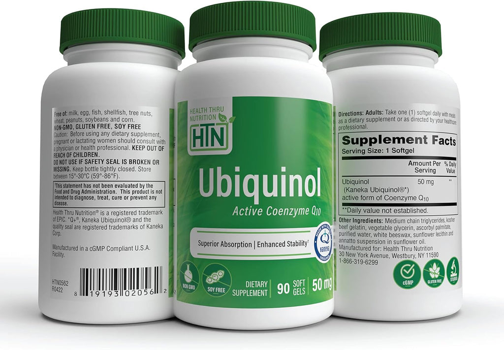 Health Thru Nutrition Ubiquinol 50mg 90 Softgels as Kaneka QH Reduced CoQ-10 | Stabilized - 3rd Party Tested | Enhanced Bioavailability | Cardiovascular & Mitochondria Function Support | Non-GMO