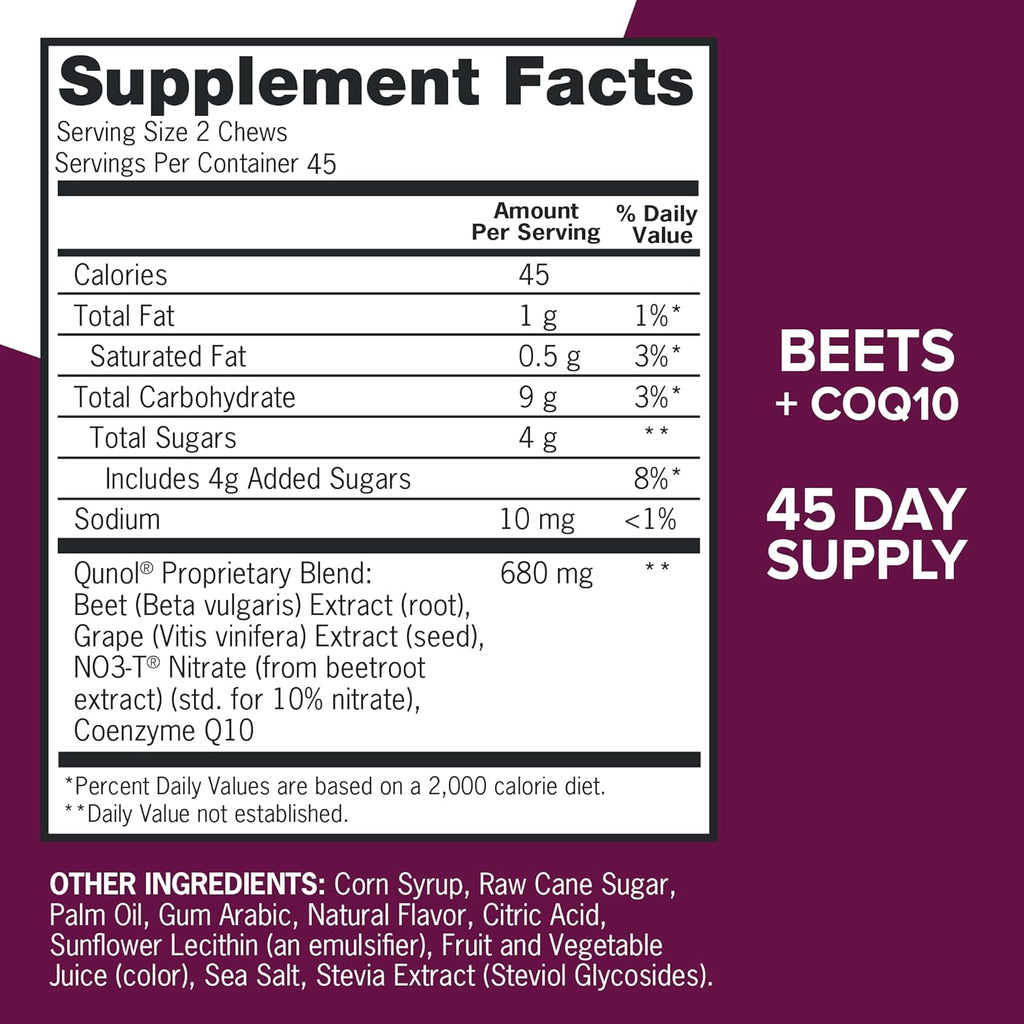 Qunol Beets Chews for Blood Pressure Support, 3 in 1 Beets + CoQ10 + Grape Seed Extract, Supports Healthy Blood Circulation & Heart Healthy Energy, 90 Chews