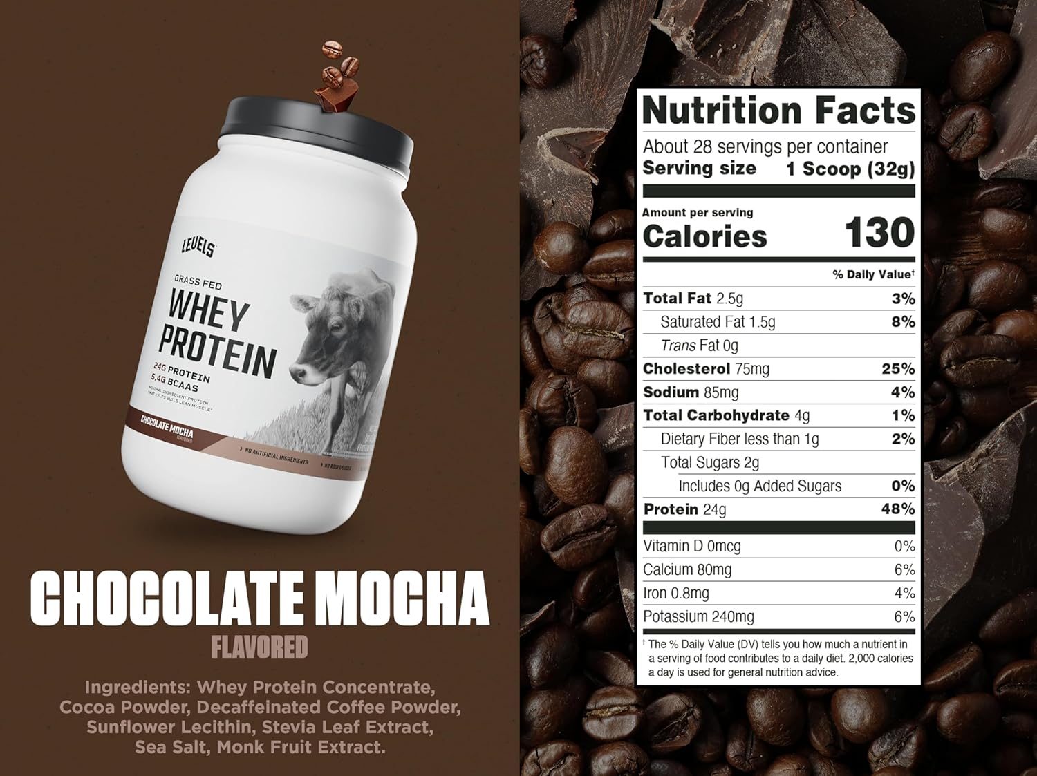 Levels Grass Fed Whey Protein Powder, No Artificials, 24G of Protein, Chocolate Mocha, 2LB