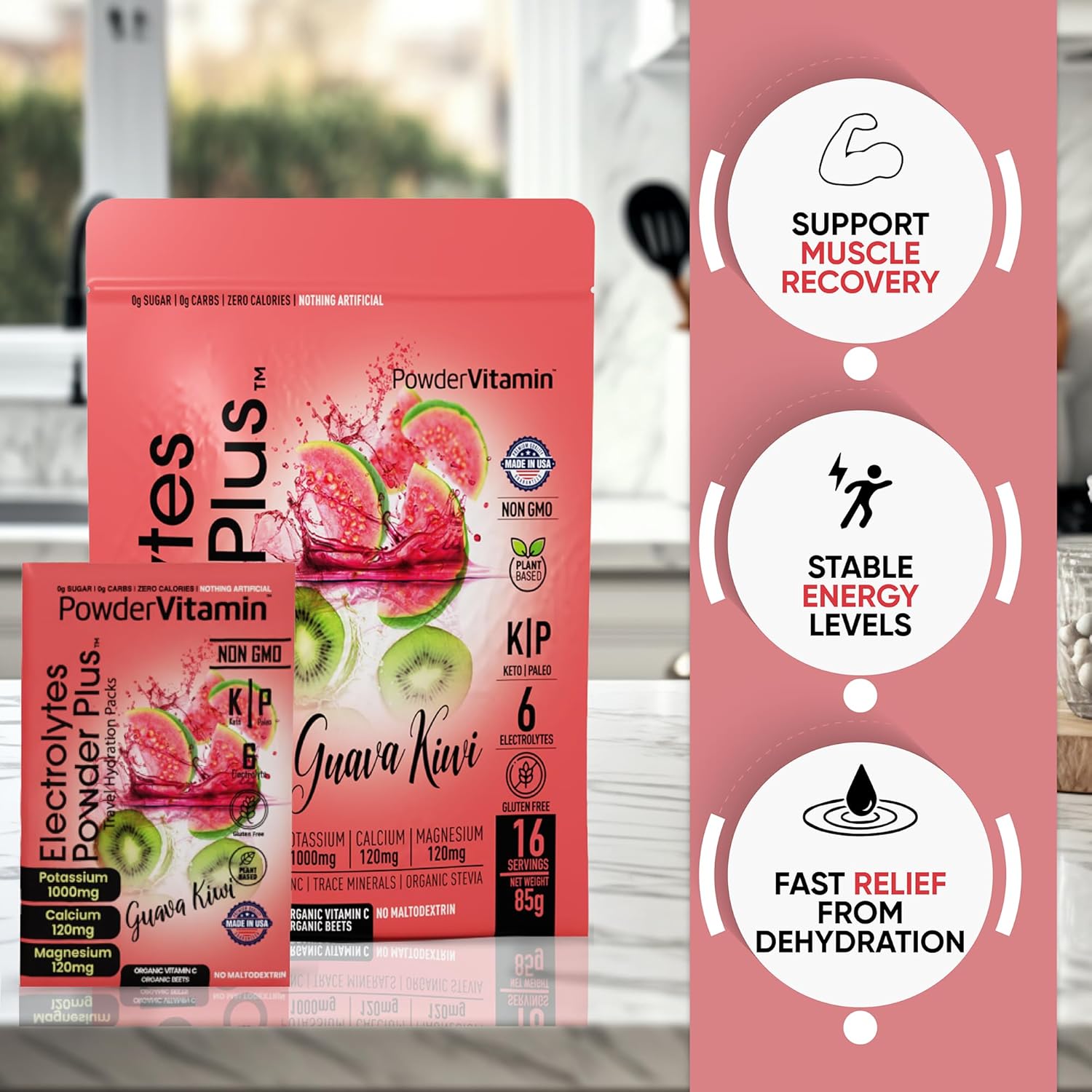 PowderVitamin Electrolytes Powder Plus, Keto, Guava Kiwi, Sugar Free, Pink Himalayan Salt, 1000mg Potassium, 120mg Calcium, 120mg Magnesium, Non-GMO, Zero Calories, (16 Hydration Packets)
