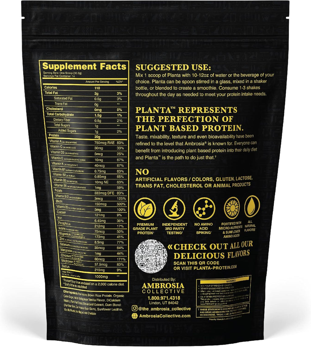 Ambrosia Planta - Premium Organic Plant-Based Protein | Vegan & Keto Friendly | Gourmet Flavors with No Bloating or Stomach Upset | Gluten & Soy Free | No Added Sugar | 14 Servings | (Vanilla)