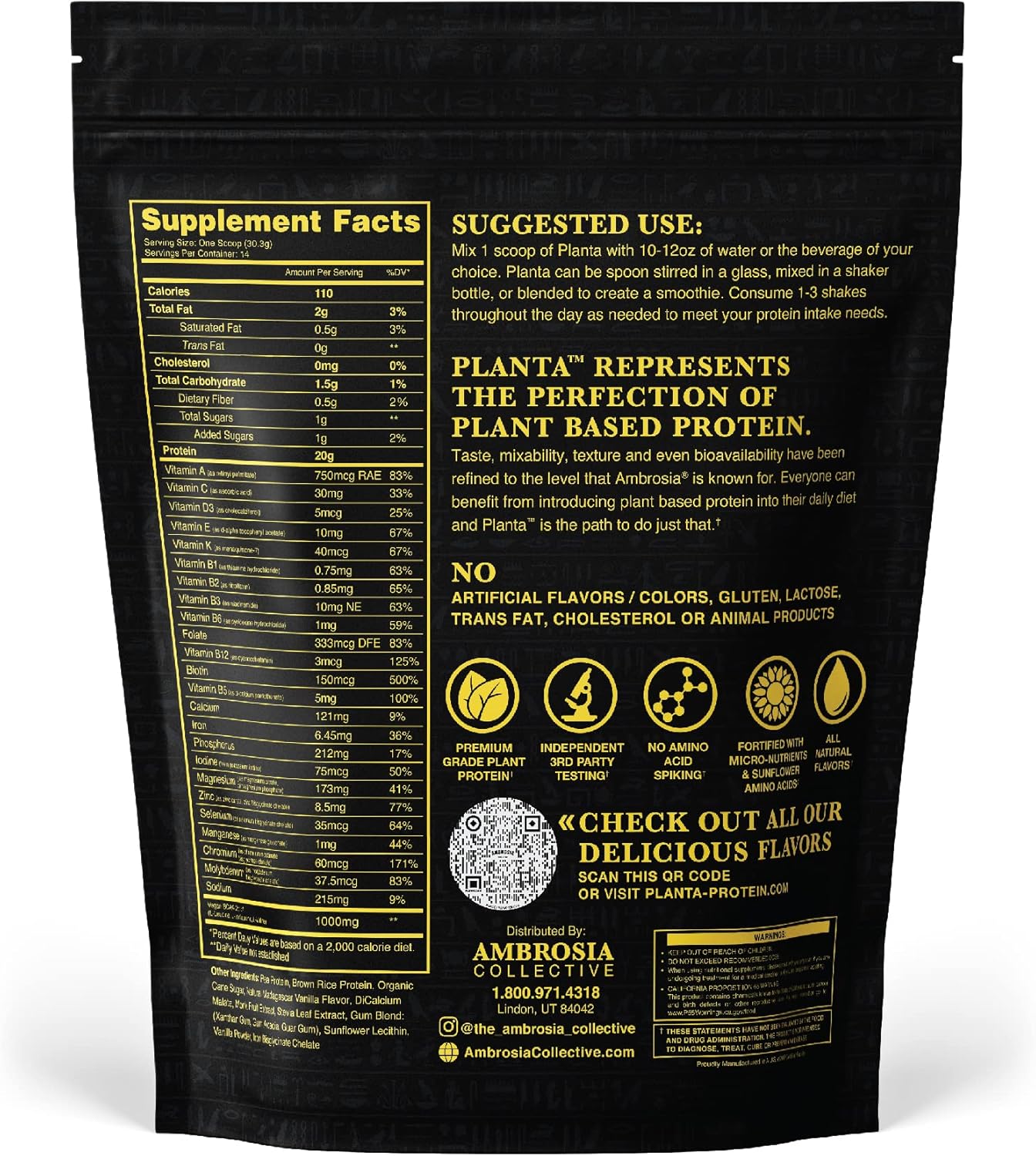 Ambrosia Planta - Premium Organic Plant-Based Protein | Vegan & Keto Friendly | Gourmet Flavors with No Bloating or Stomach Upset | Gluten & Soy Free | No Added Sugar | 14 Servings | (Vanilla)