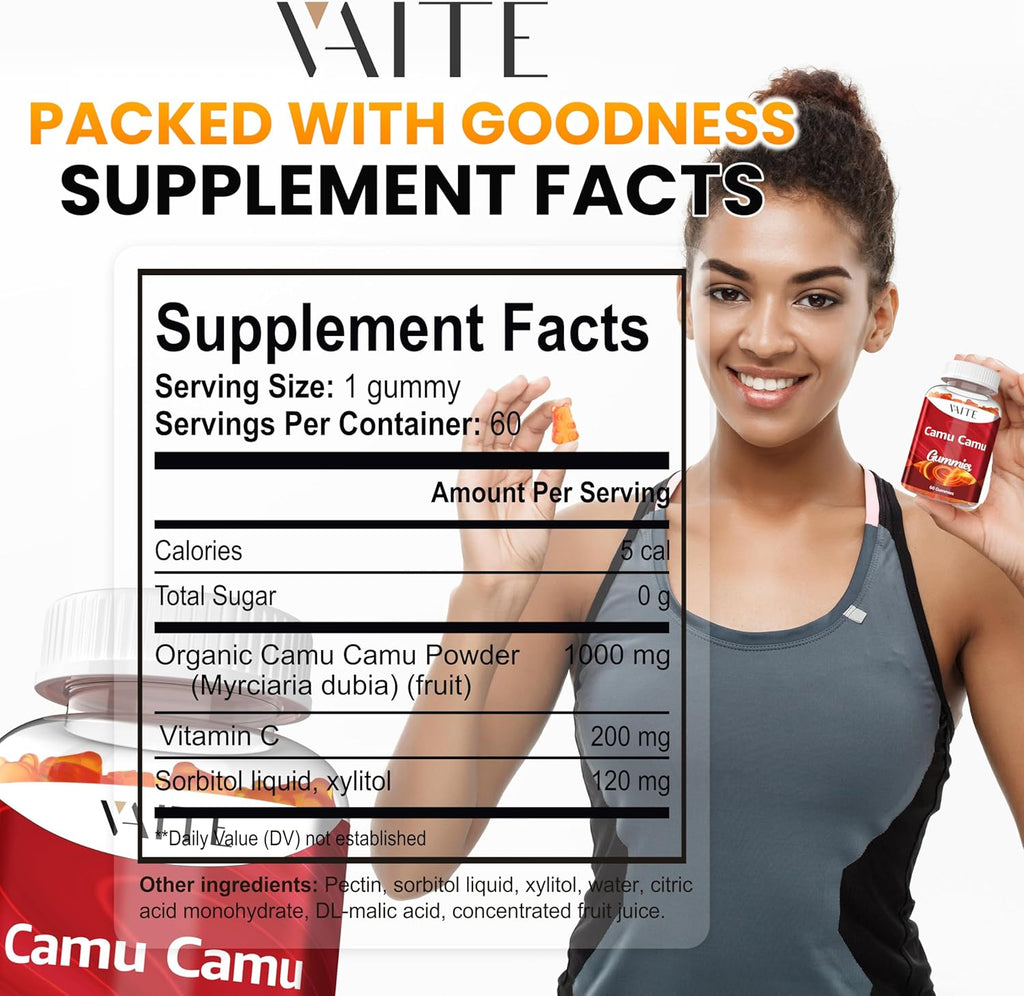 Camu Camu Vitamin C Gummies for Skin and Hair – Antioxidant-Rich, Vegan, Gluten-Free Supplement for Immune Support, Energy Boost, and Collagen – 60 Chewables for Active Men and Women