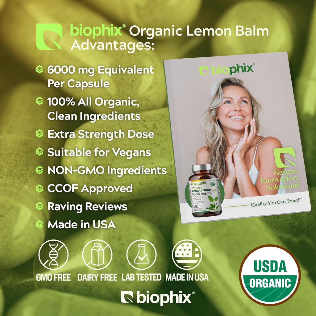 biophix Lemon Balm Capsules USDA Organic 20:1 Extract 300 mg 200 Veggie Caps - Cognitive Health Stress Sleep Mood Support Natural Herbal Supplement