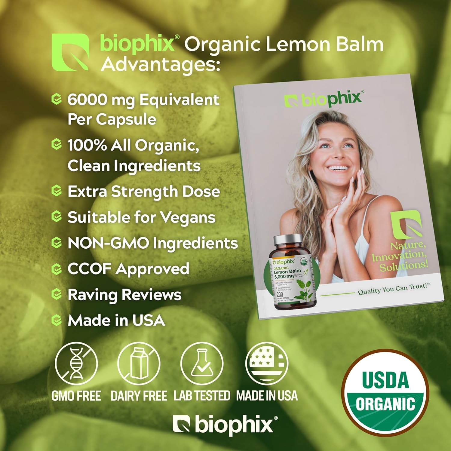 biophix Lemon Balm Capsules USDA Organic 20:1 Extract 300 mg 200 Veggie Caps - Cognitive Health Stress Sleep Mood Support Natural Herbal Supplement