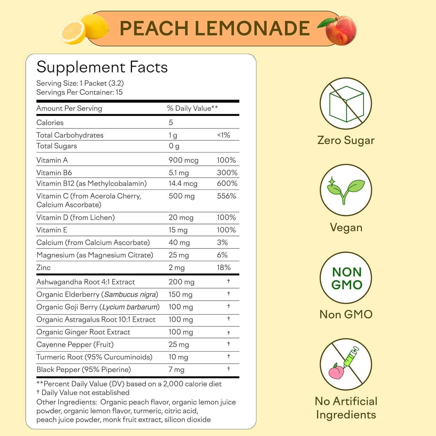 Feel Goods Immunity Icon, Zero Sugar, Vitamin C, A, B, D, E & Zinc, Organic Elderberry, Ashwagandha, Drink Mix Powder, Vegan, Non GMO, Caffeine & Gluten Free | Peach Lemonade, 15 Count