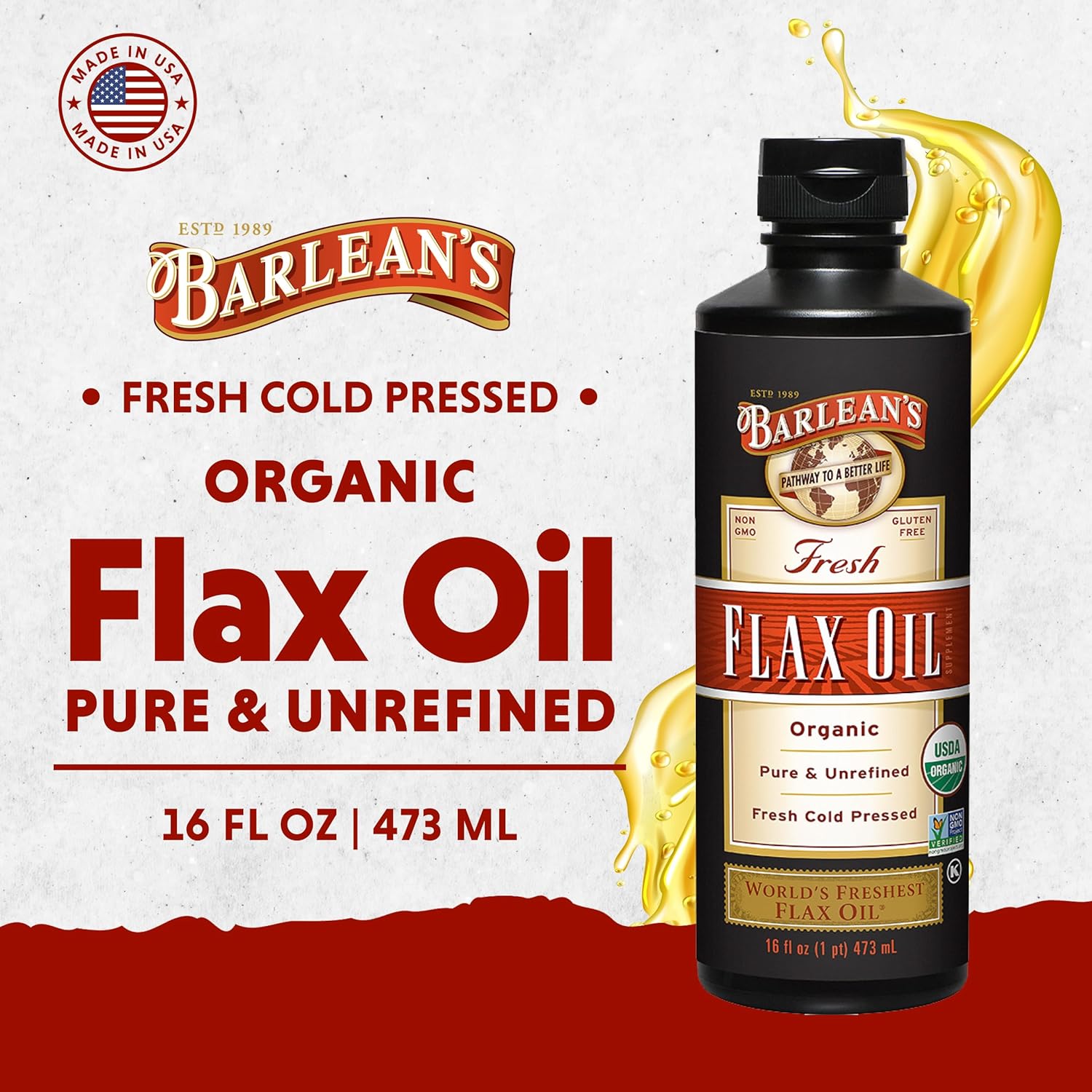 Barlean's Organic Flaxseed Oil Liquid from Cold Pressed Flax Seeds, 7,640mg ALA Omega 3 Fatty Acid Supplement for Joint and Heart Health, Vegan & Gluten Free, 16 oz