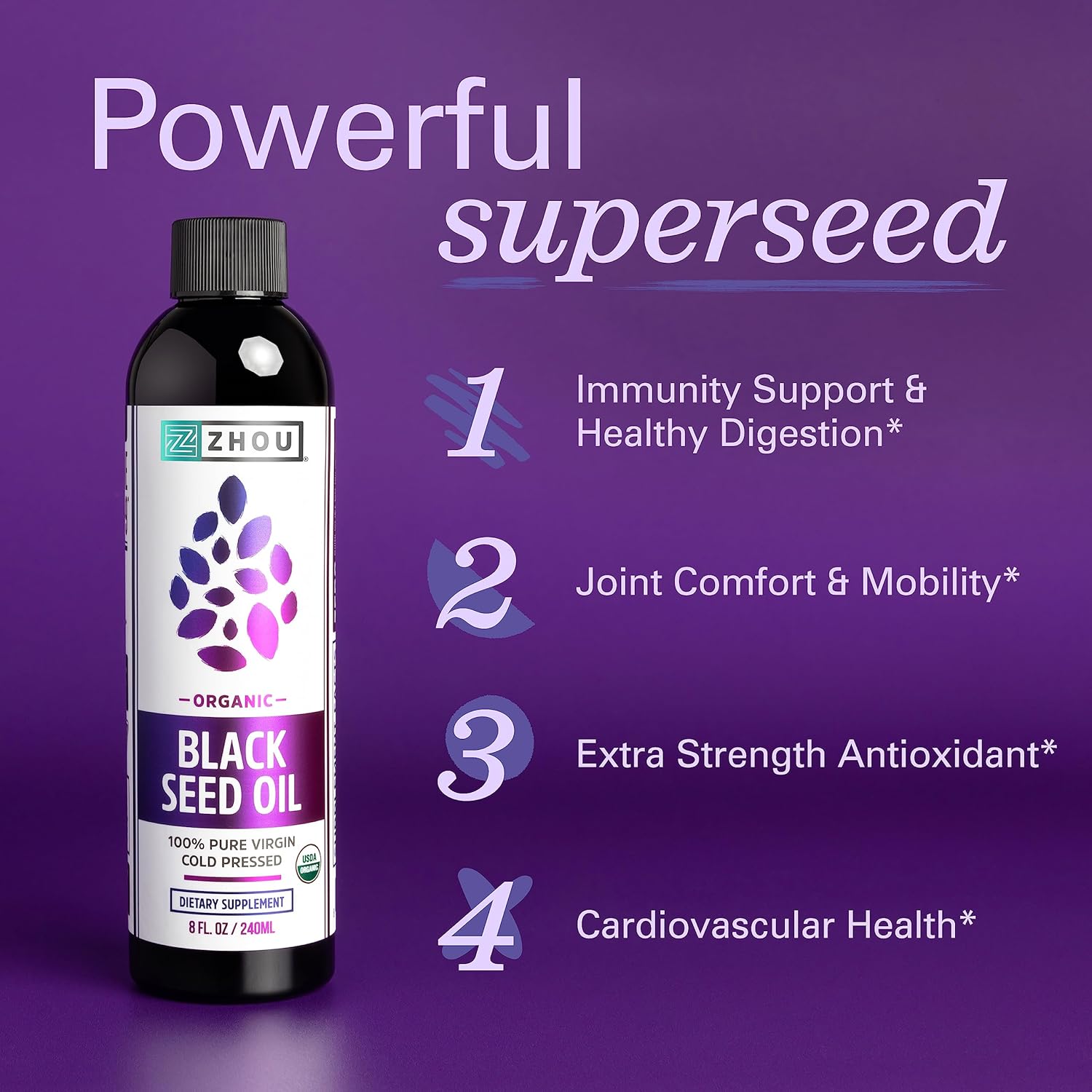Zhou Organic Black Seed Oil - Black Cumin Seed Oil Cold Pressed, Nigella Sativa, Pure Unrefined Blackseed Liquid, Premium Supplement for Health with Thymoquinone, Omega 3 6 9 - 8 Fl Oz (Pack of 1)