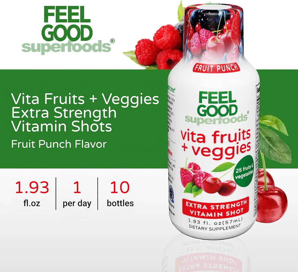 FeelGood Superfoods Vita Fruits and Veggies Immune Support Shot Supplements, Fruit Punch Flavor, Pack of 10 Immunity Shots, Immune System Booster Drink Made with 25 Organic Fruit & Vegetables