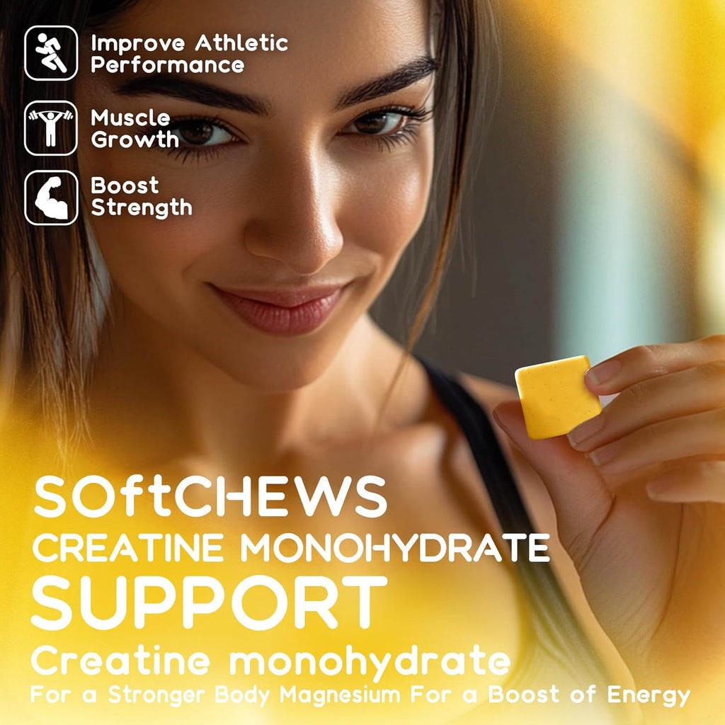 Creatine Monohydrate Chews Complex 6400mg for Men & Women -Advanced Formula W/L-Taurine + Vitamin B12, Sugar Free Chewable Supplement,60 Pineapple Softchews